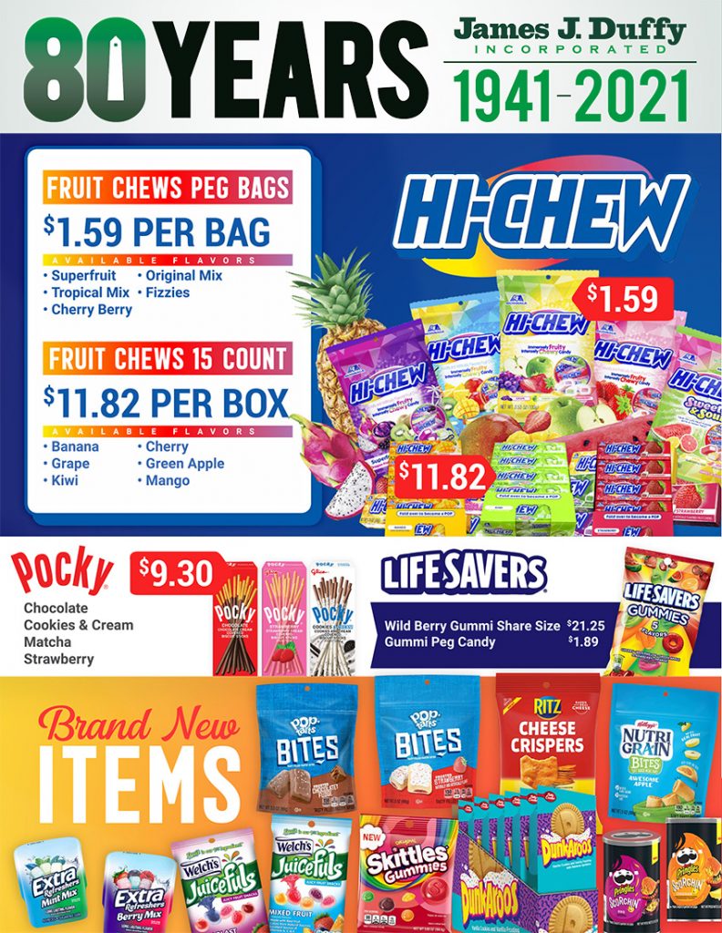 Hi-Chew Fruit Snacks In Stock Fruit Chews Peg Bags = $1.59 Fruit Chew 15 Count = $11.82 per Box Pocky Sticks = $9.30 Lifesavers $21.25 share size Call for information about our new products
